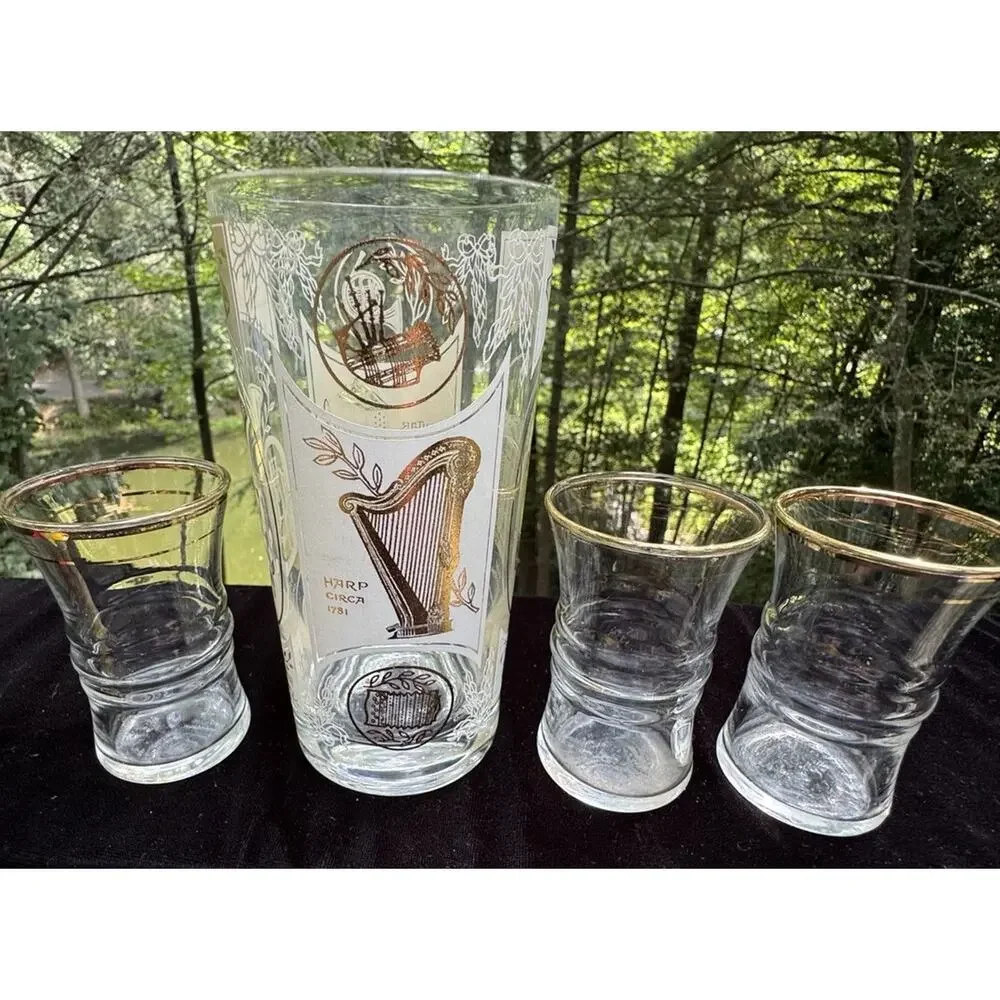 Vintage Hazel Atlas MCM Gold Musical Instruments Cocktail Shaker Glasses -8/28